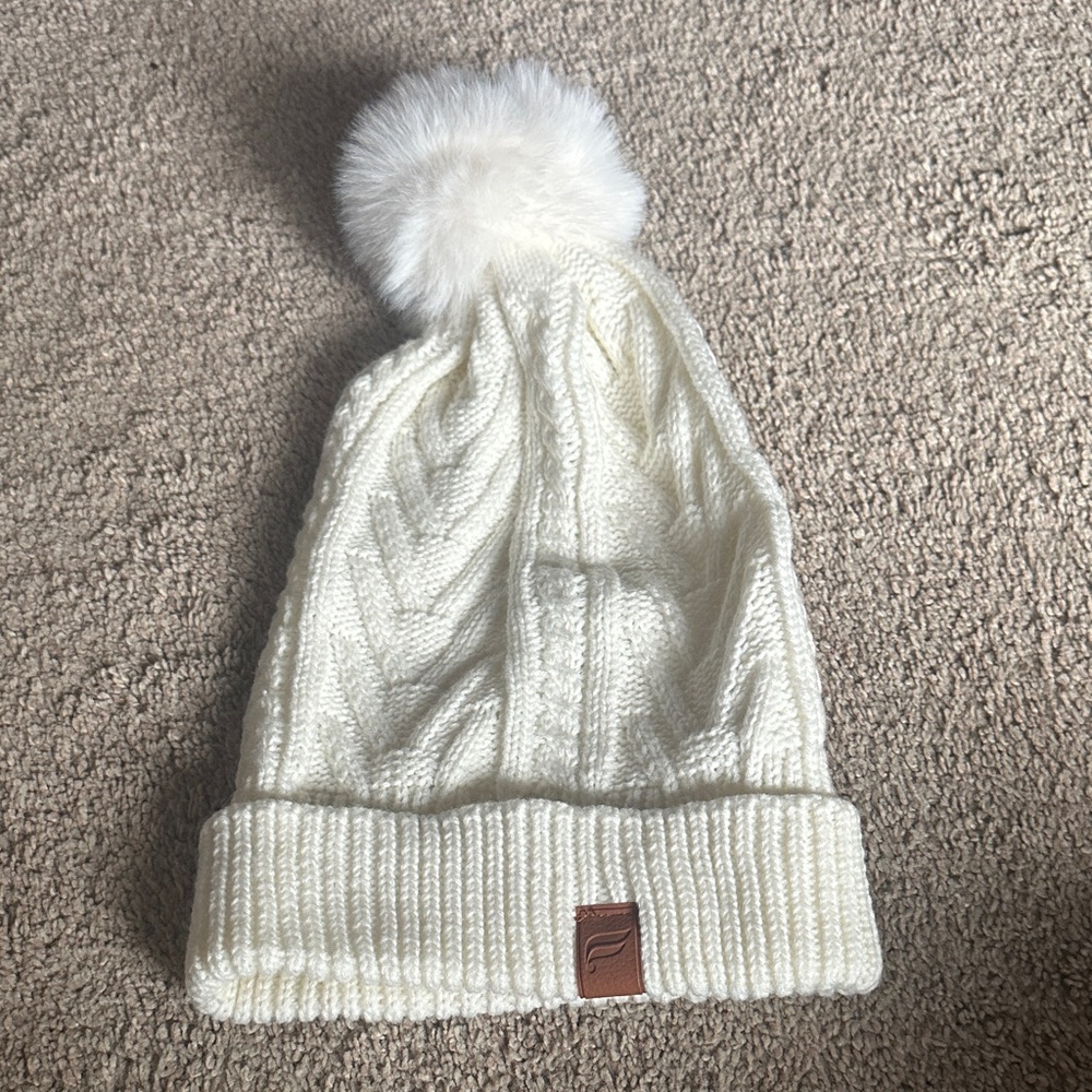 Fabletics Ivory Cable Knit Beanie with Pom